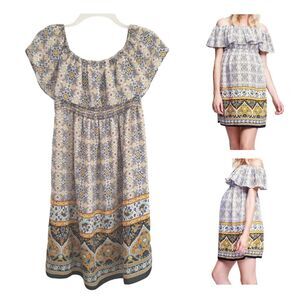 Maternal America Dress Medium Boho Chic Ruffled Off Shoulder Smocked Bodice